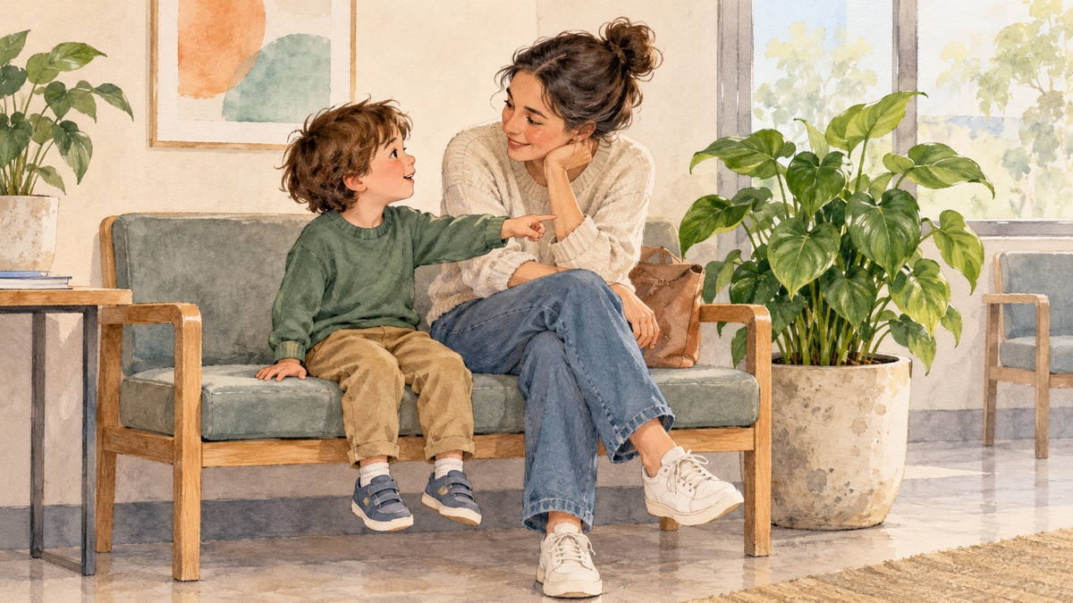 Illustration of a parent and child talking on a waiting-area bench beside a pot plant