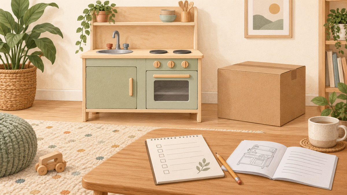 Illustration of a toy kitchen beside a delivery box, a family planning sheet and an instruction booklet
