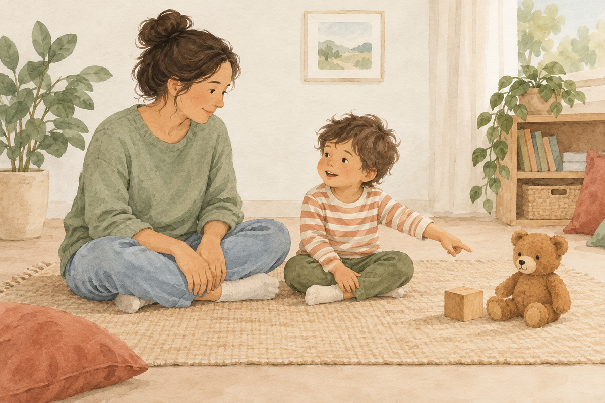 Watercolour illustration of an adult listening as a child points towards a teddy bear and block