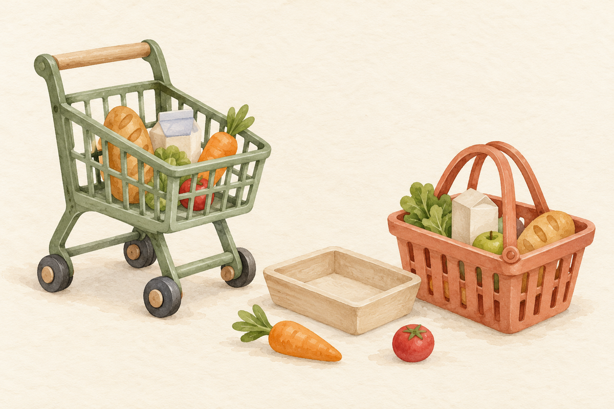 Illustration of a toy trolley and hand basket with pretend groceries beside an empty tray
