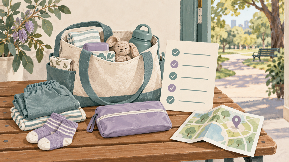 Illustration of an outing bag with spare clothes, a waterproof pouch, a checklist and a map