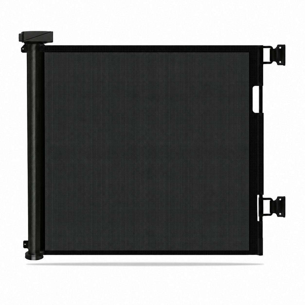 Black retractable mesh baby gate with updated rectangular two-step lock housing