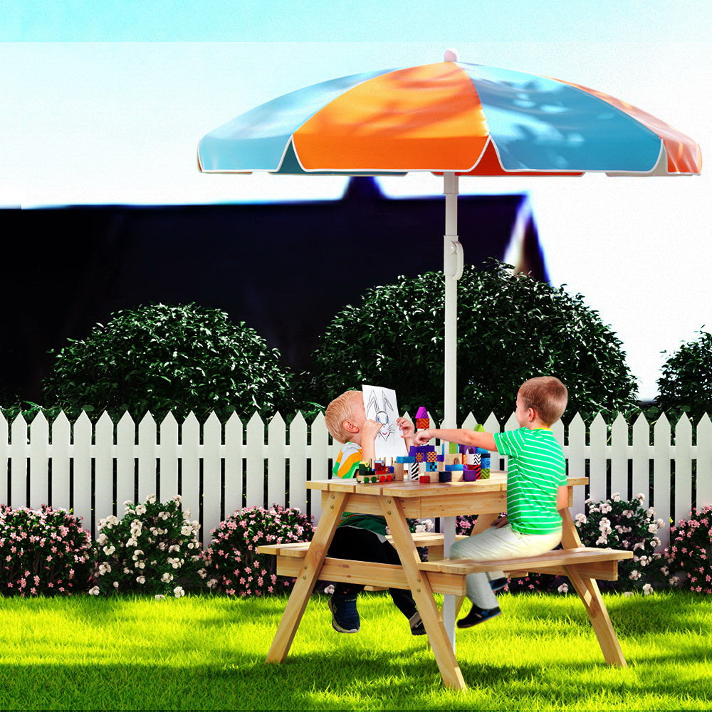 Kids Picnic Table With Umbrella With Built-In Water Sand Pit Boxes display in yard