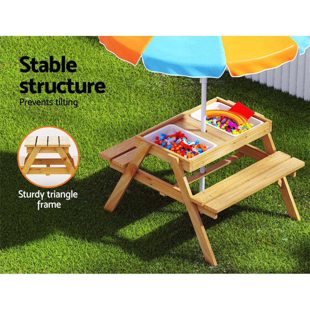 Kids Picnic Table With Umbrella With Built-In Water Sand Pit Boxes stable structure