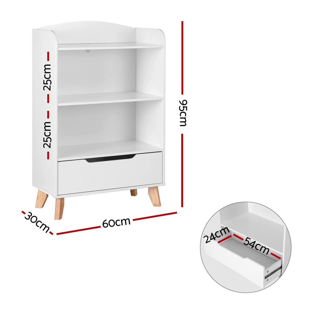 Multi-Bin Toy Storage – 3-Tier Bookshelf with Drawer for Kids size