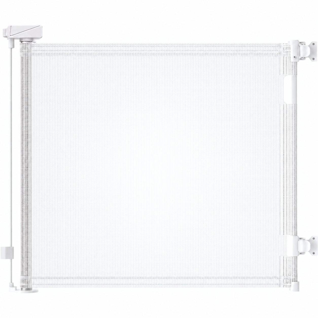 White retractable mesh baby gate with updated rectangular two-step lock housing
