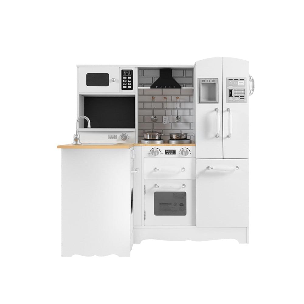 Wooden play kitchen set for toddlers with cooking accessories