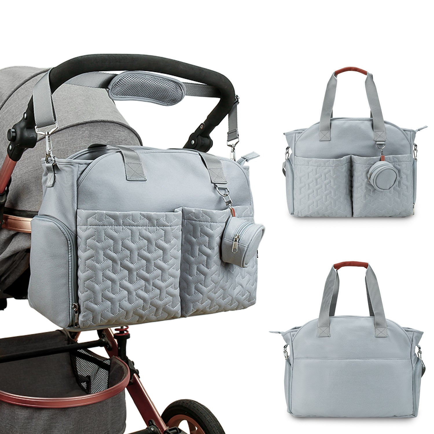 diaper bag attached to a stroller with additional views of the bag on a white background.