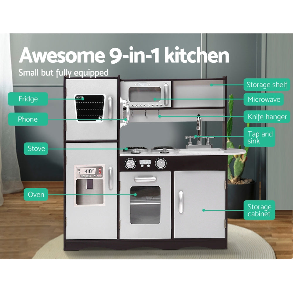 kids wooden play kitchen with storage shelves