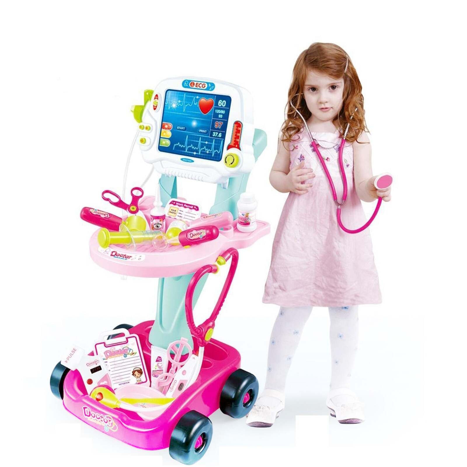 Kids Children's Doctors Medical Cart & ECG Machine for Toddler Play - Play Kitchen