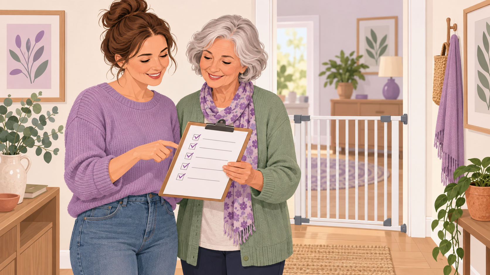 Illustration of a parent and grandparent reviewing a checklist beside a baby gate