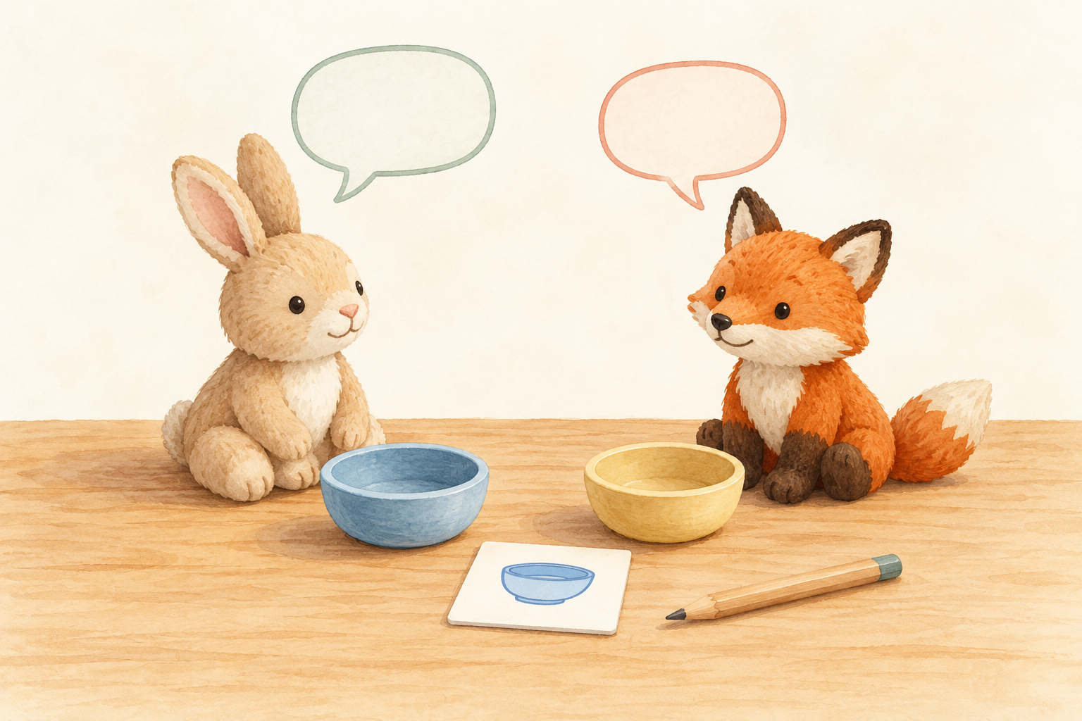 Illustration of two toy animals, empty bowls, a bowl picture card and blank speech bubbles