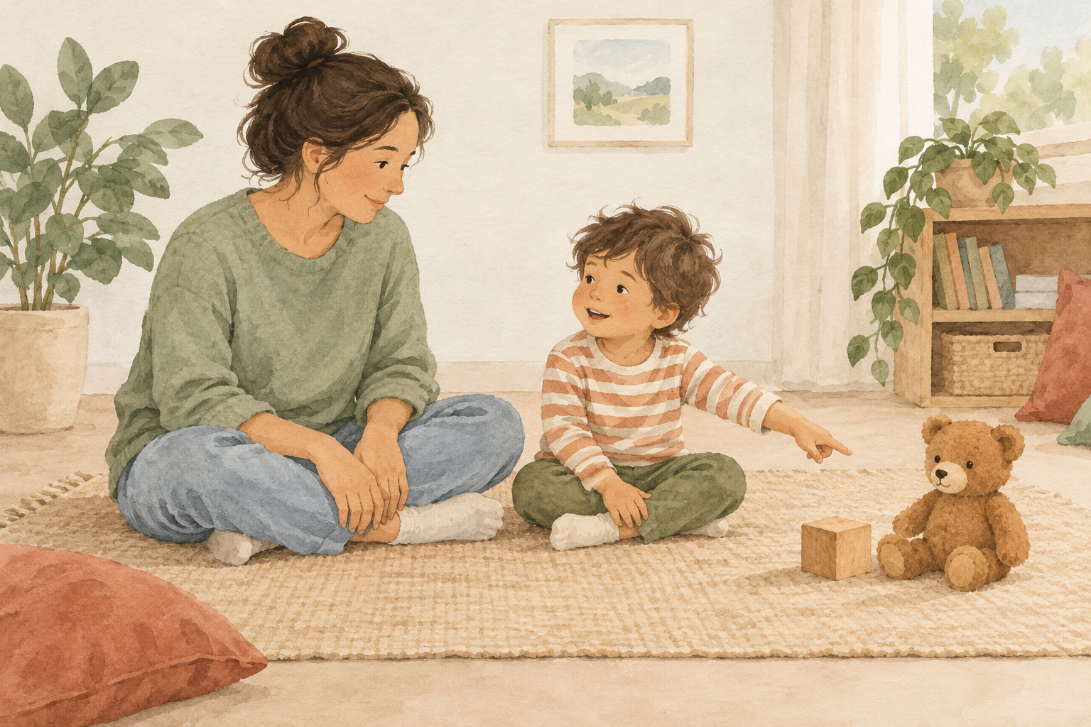 Watercolour illustration of an adult listening as a child points towards a teddy bear and block