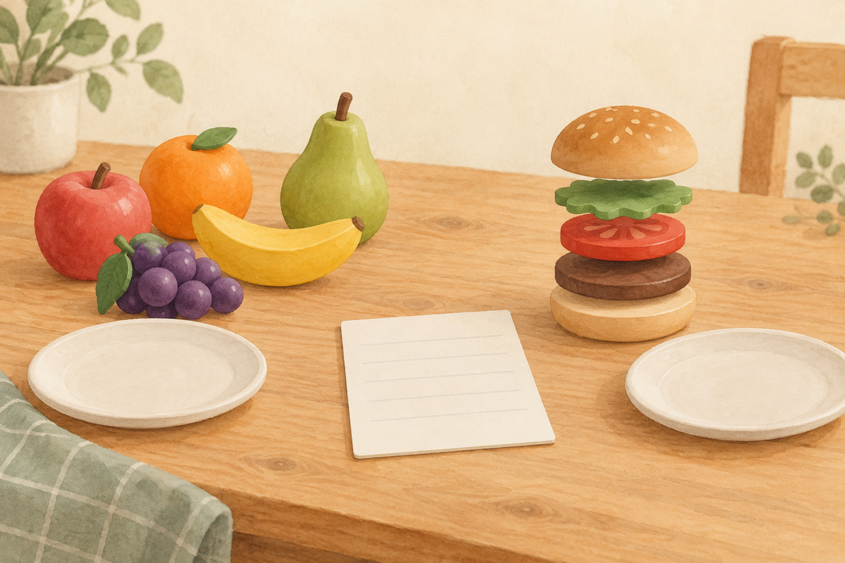 Watercolour illustration of toy fruit beside separated pretend burger layers and a blank note