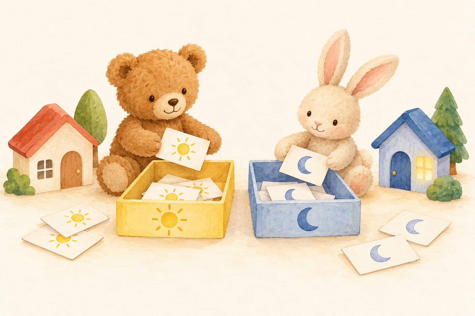 Illustration of toy animals beside pretend mail trays and paper notes marked with simple symbols
