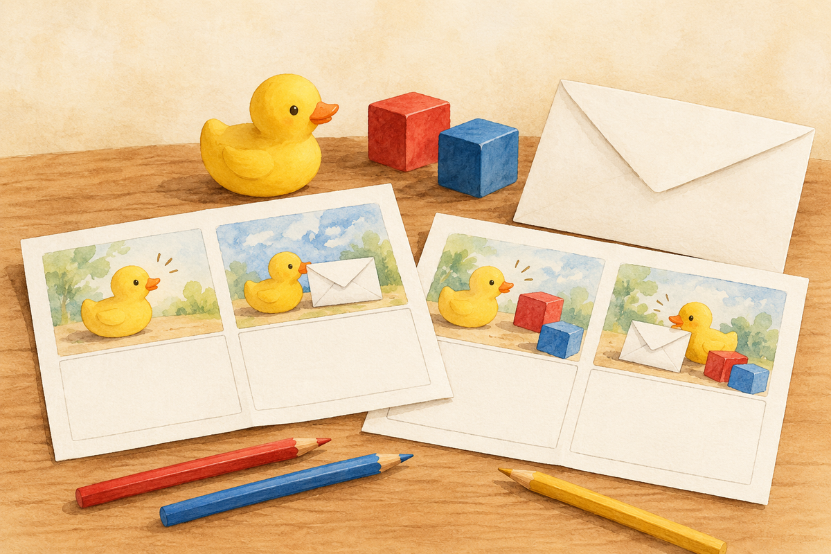 Watercolour illustration of a toy duck beside picture-story pages and pencils