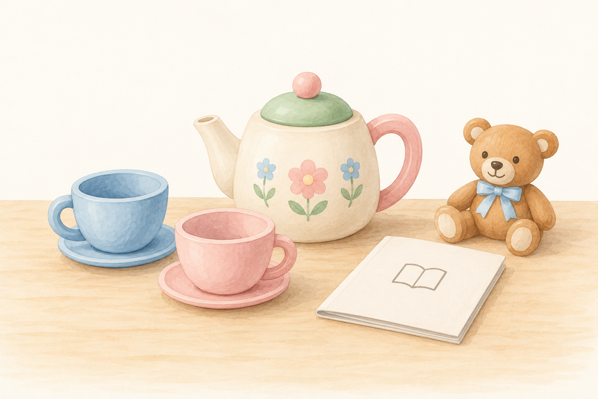Illustration of a toy teapot, empty cups and a closed instruction booklet