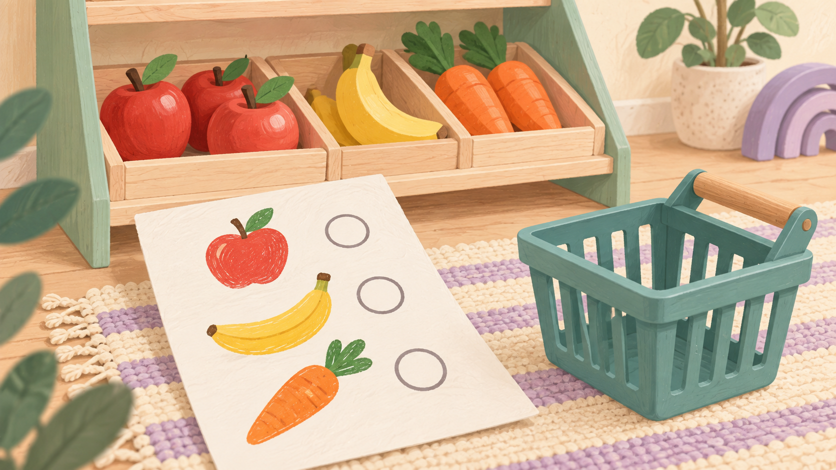 Illustration of a pretend food shop, an empty basket and a shopping list with apple, banana and carrot pictures