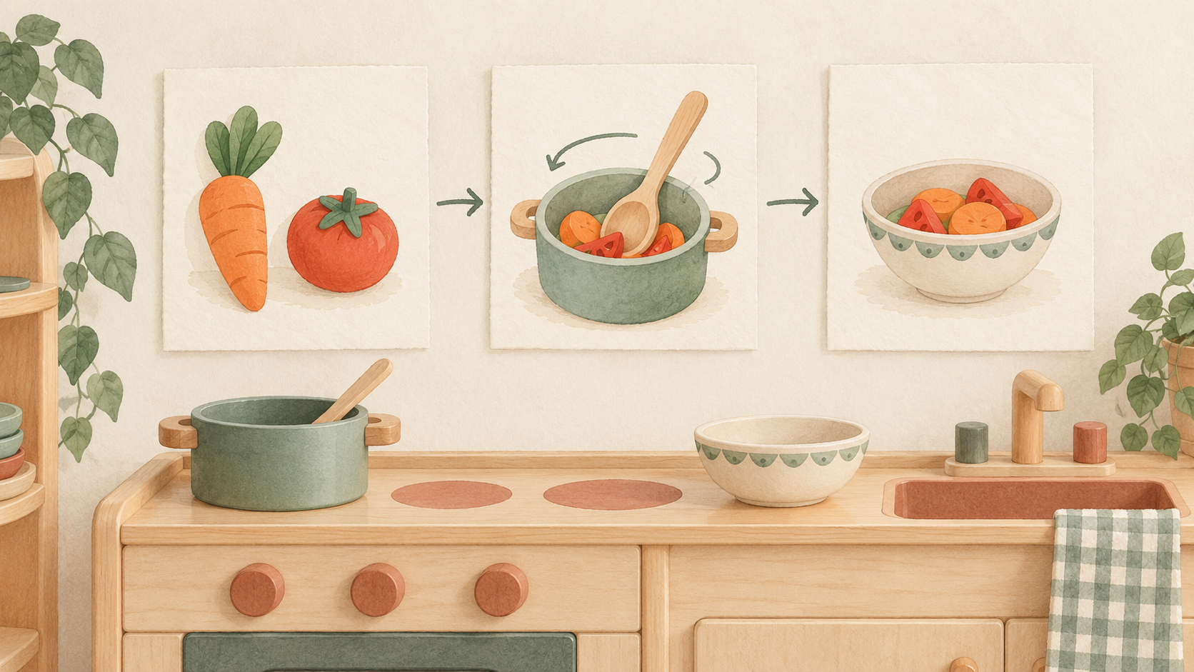 Illustration of three picture recipe cards above a toy kitchen, showing ingredients, stirring and serving
