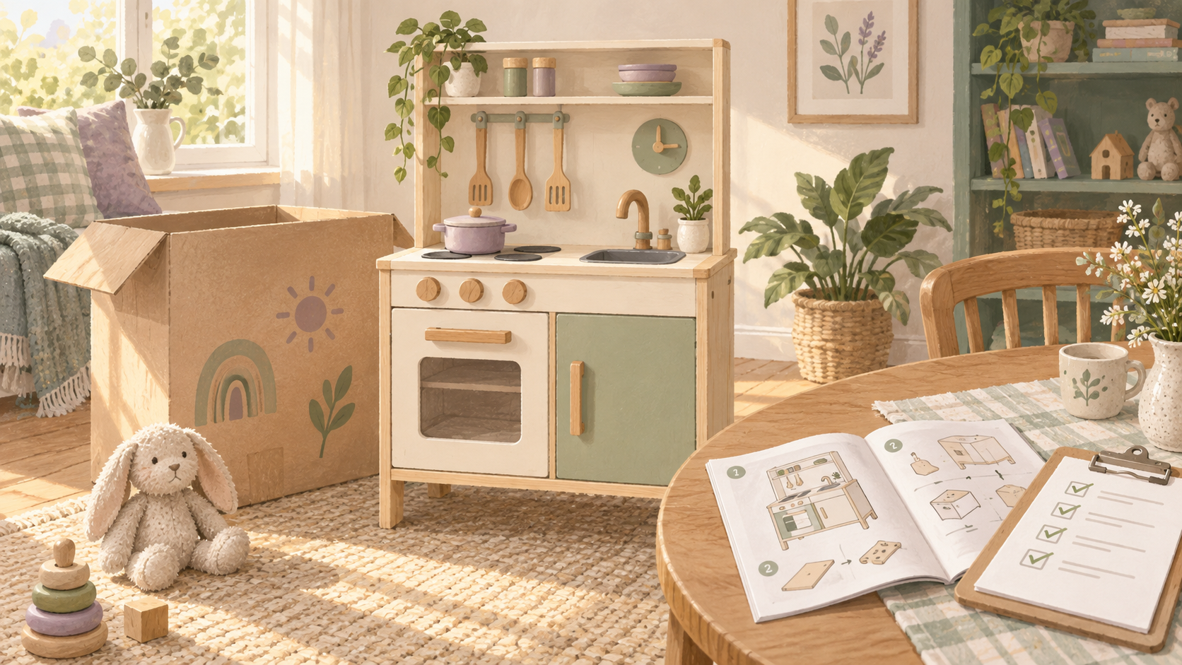 Illustration of a toy kitchen beside a transport box, instruction booklet and checklist