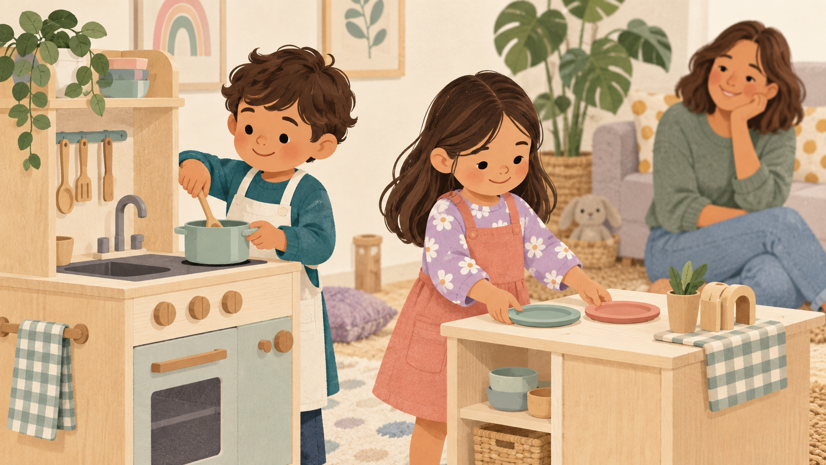 Illustration of two children stirring a toy pot and arranging plates with an adult nearby