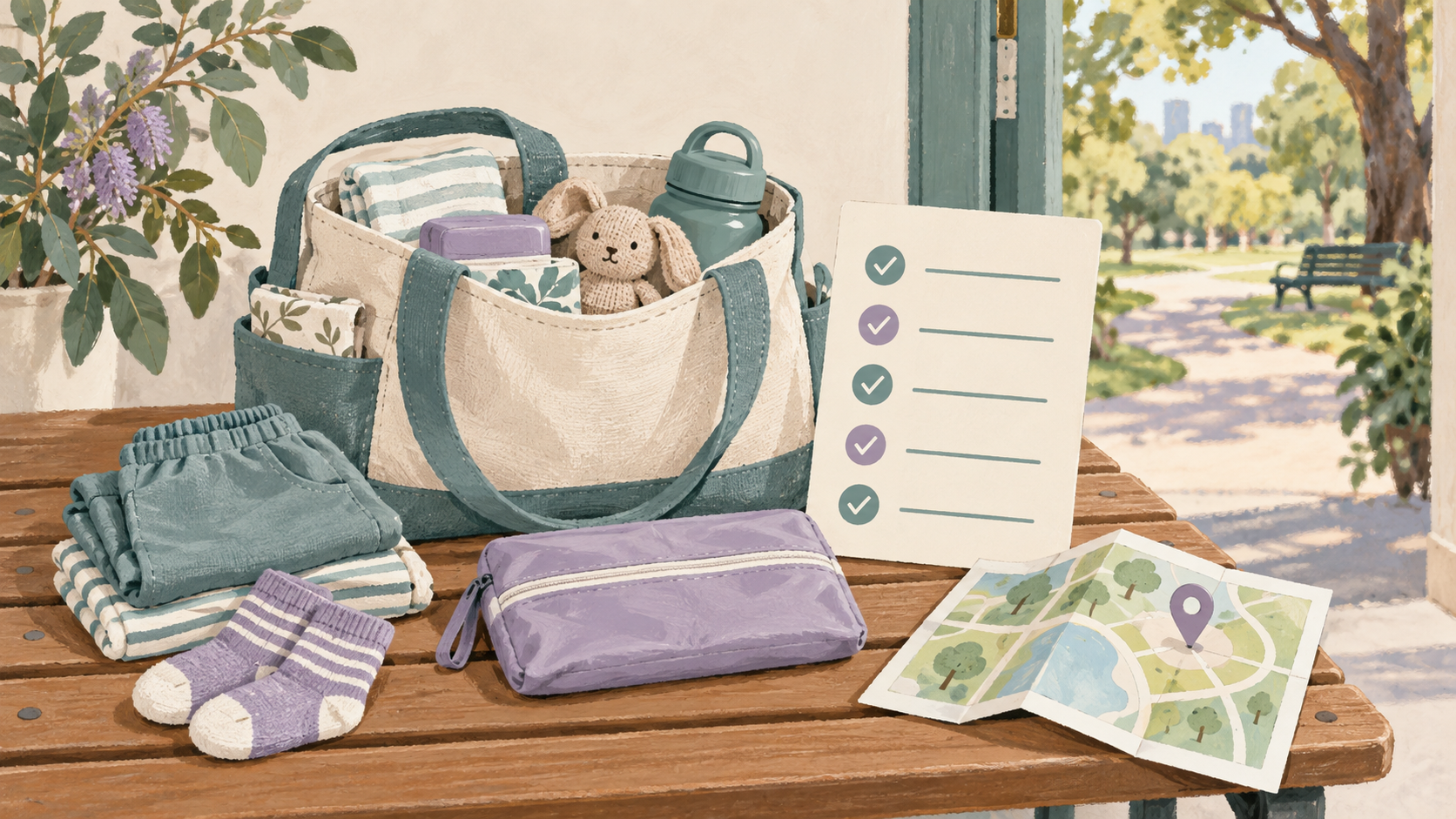 Illustration of an outing bag with spare clothes, a waterproof pouch, a checklist and a map