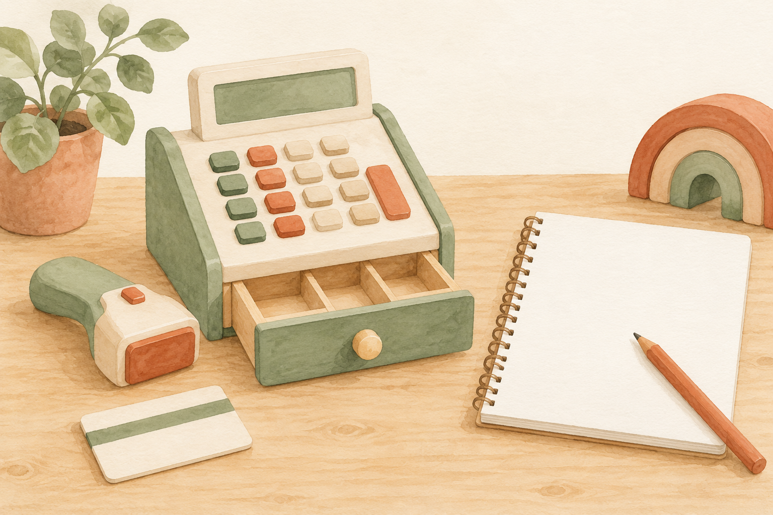 Watercolour illustration of a toy cash register beside a blank notebook and pencil