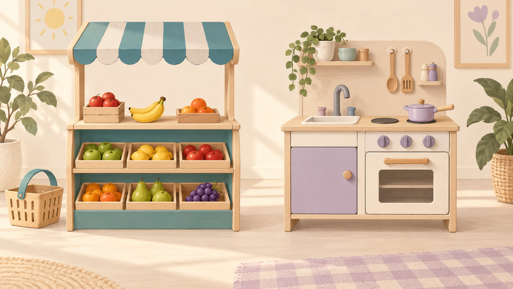 Illustration of a toy market stall and a play kitchen side by side