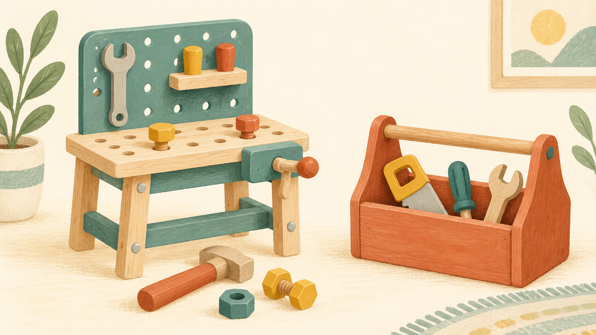 Illustration of a toy workbench beside an open toolbox and pretend tools