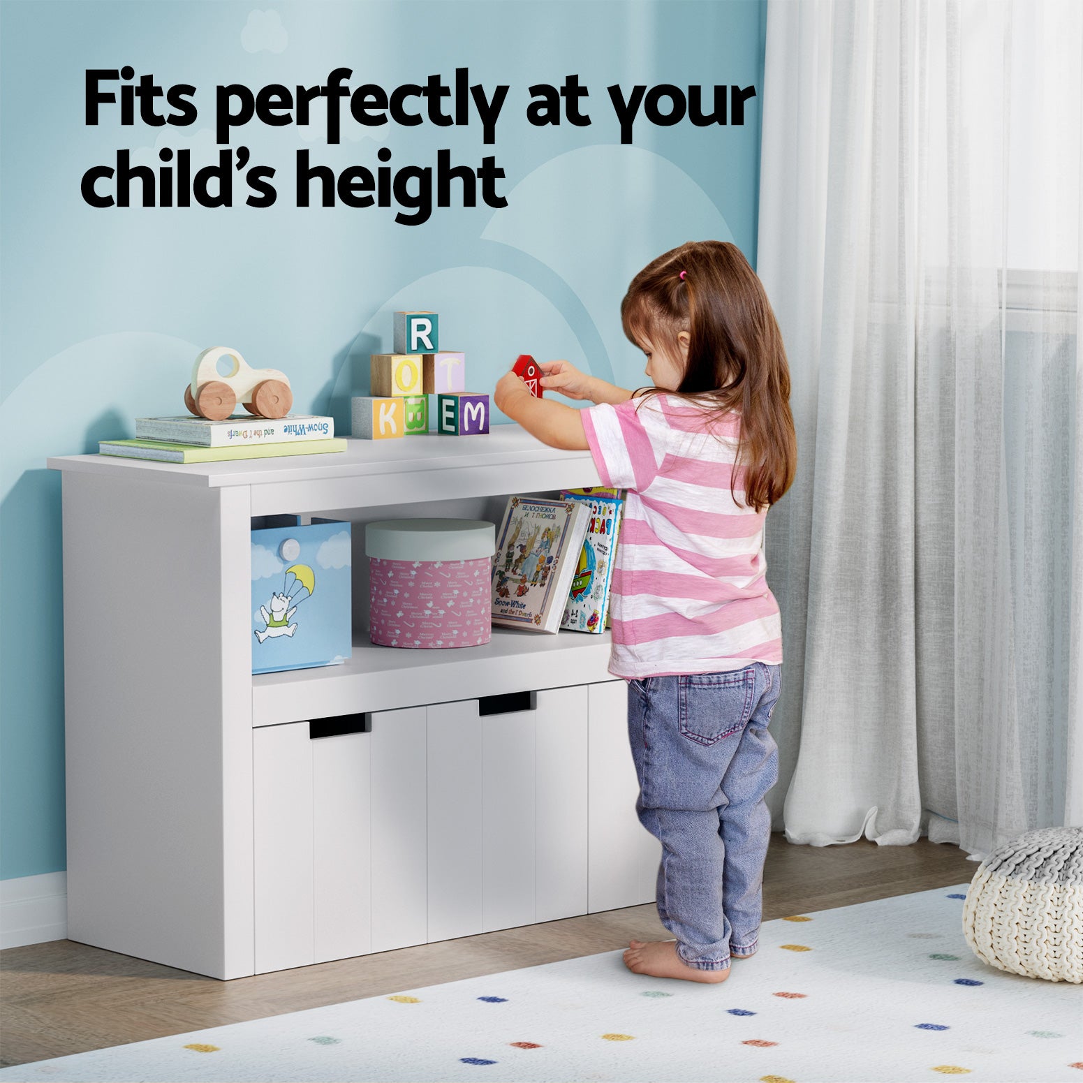 3 Tier Toy Storage with Bins fits kids' height