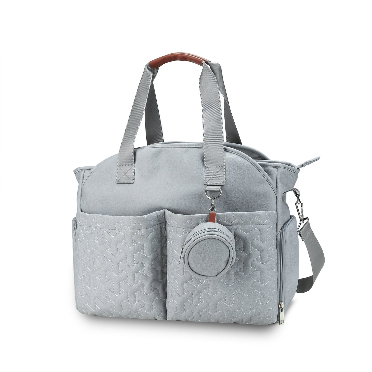 Angled view of baby nappy bag handbag showing overall shape and design