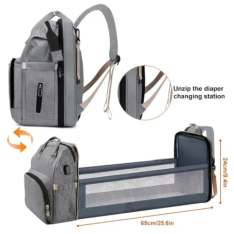 Anti-scratch waterproof fabric and insulated foil bottle pockets on nappy bag