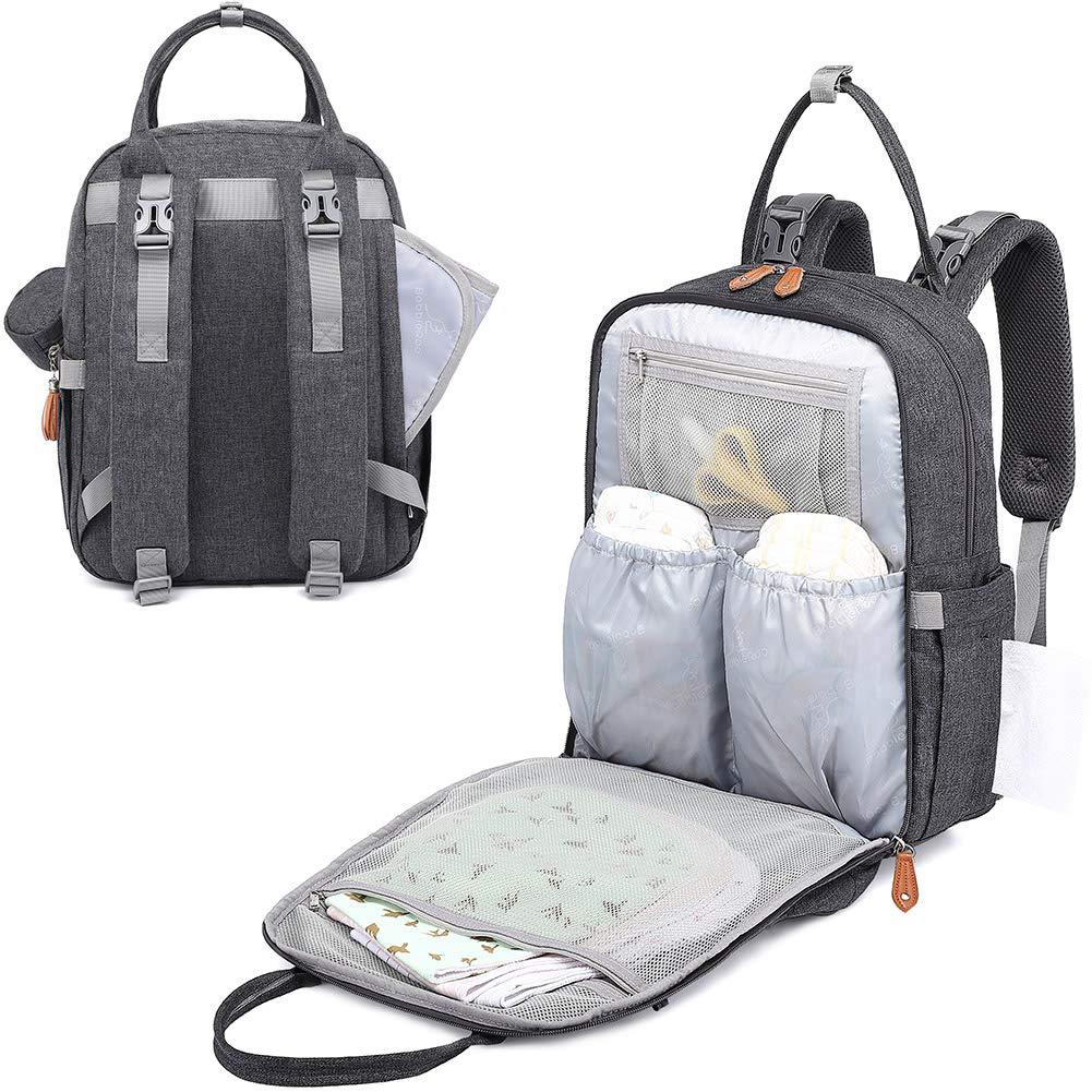 Back and front interior view of nappy bag backpack showing nappy organiser pockets