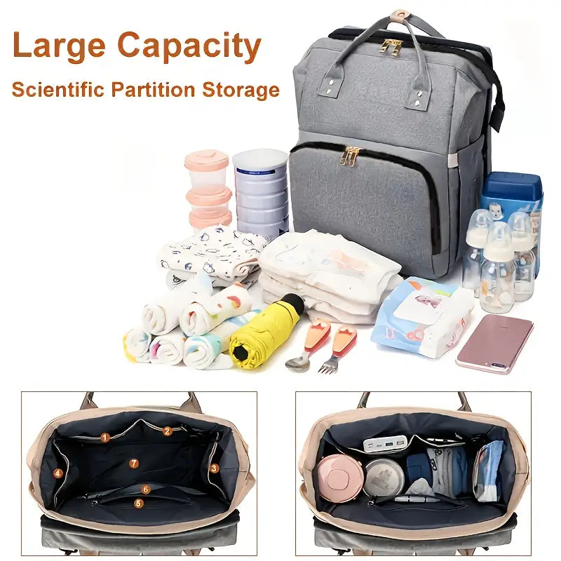 Back, side and bottom views of grey nappy bag with wide-frame opening