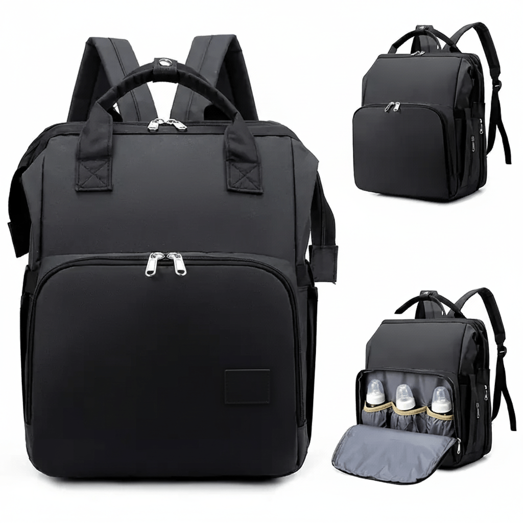 Black nappy bag backpack with compact box-frame opening and front pocket