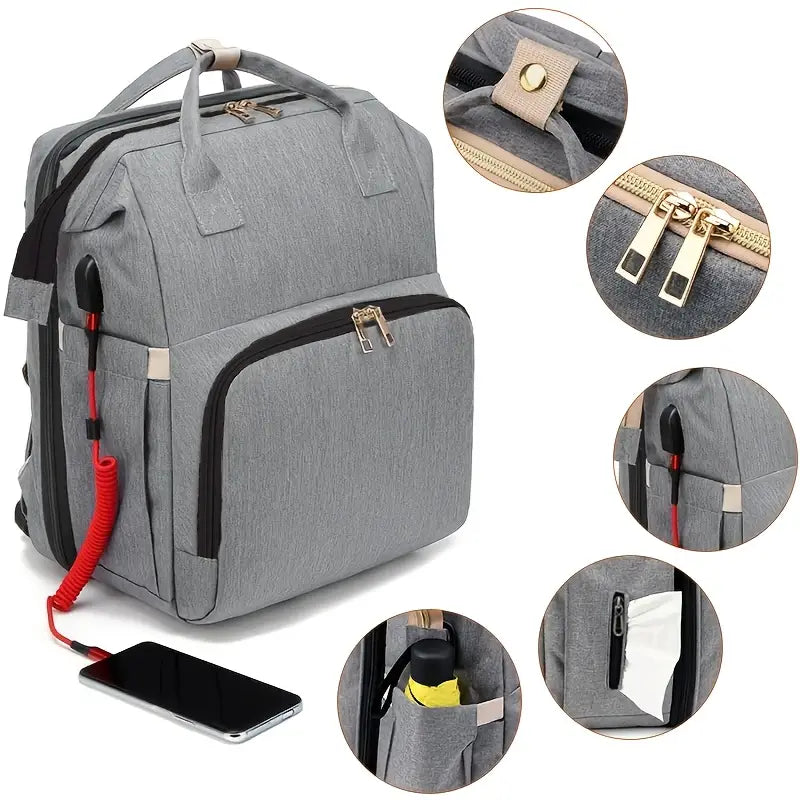 Close-ups of zips, stroller strap clip, side pocket and wipes slot on nappy bag