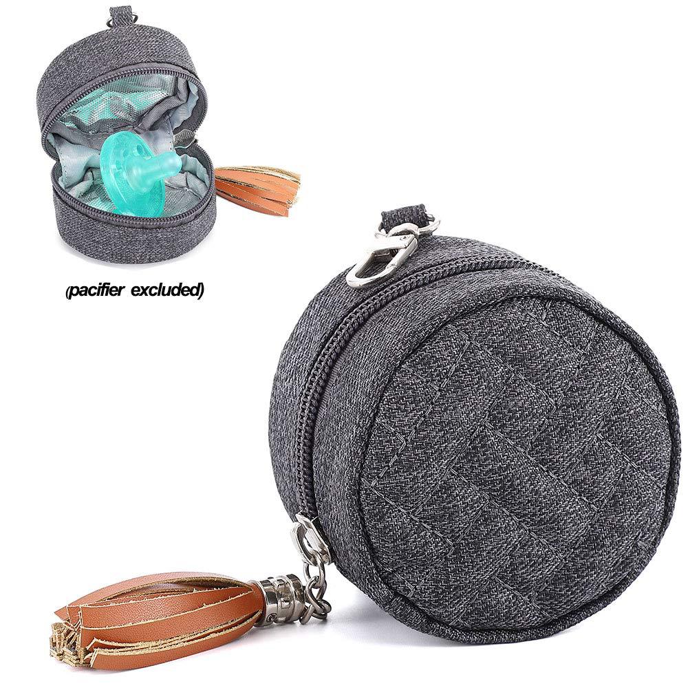 Close up of detachable pacifier pod clipped to shoulder strap of nappy backpack