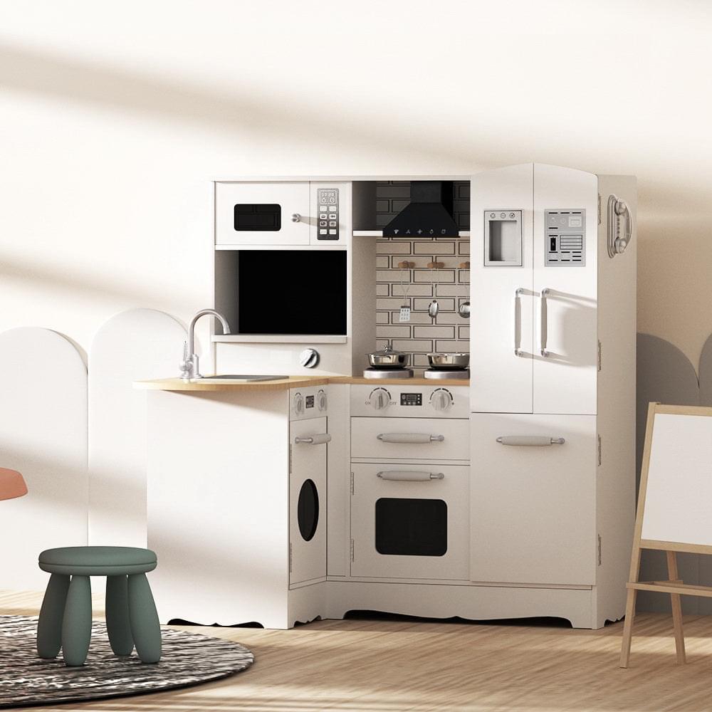 Deluxe white wooden play kitchen with fridge and oven