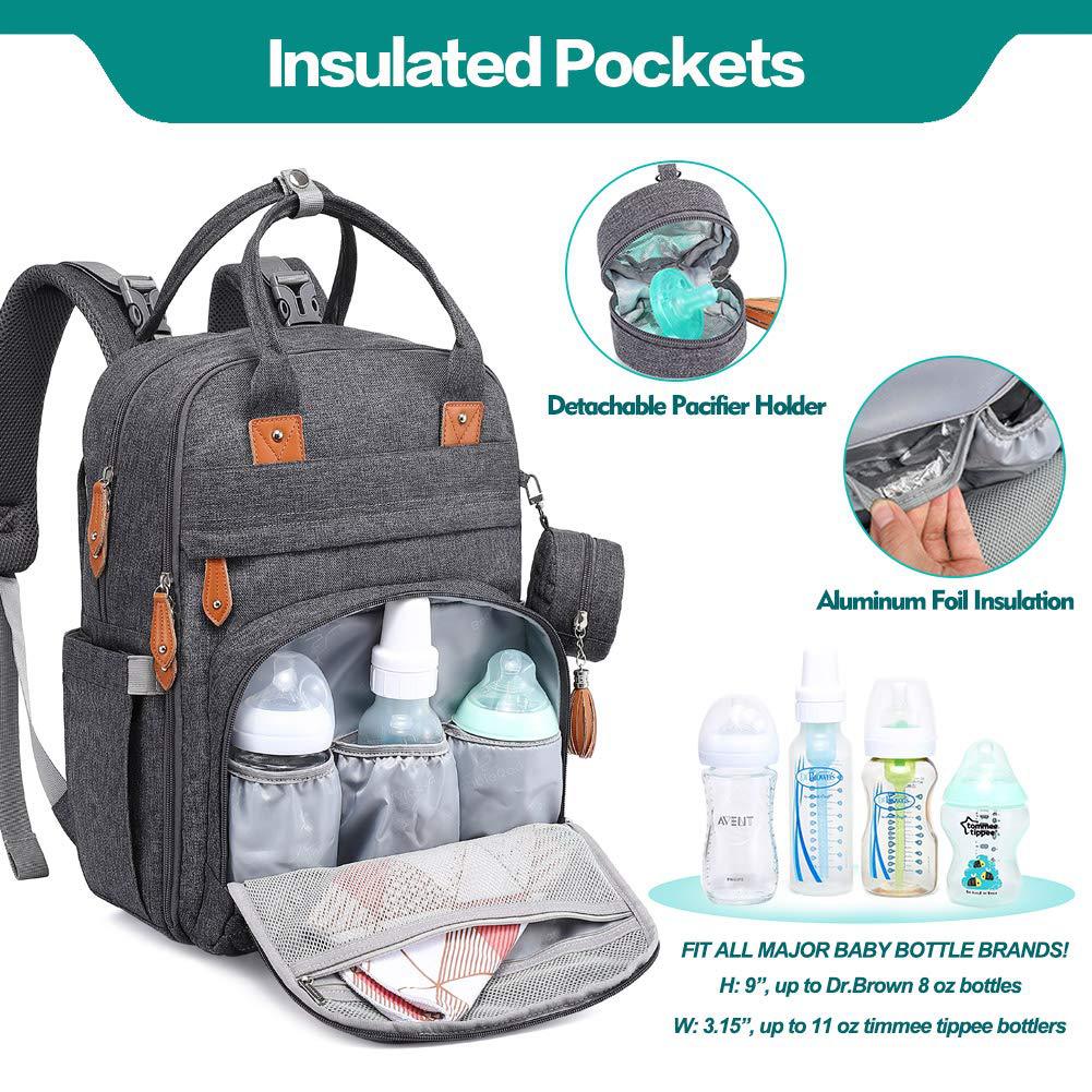 Front insulated bottle pockets and detachable pacifier holder on nappy bag backpack