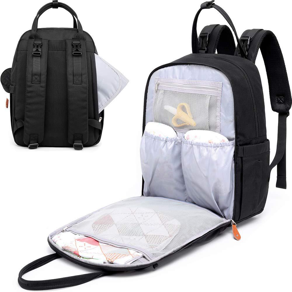 Front of black nappy bag showing three insulated bottle sleeves and storage pockets