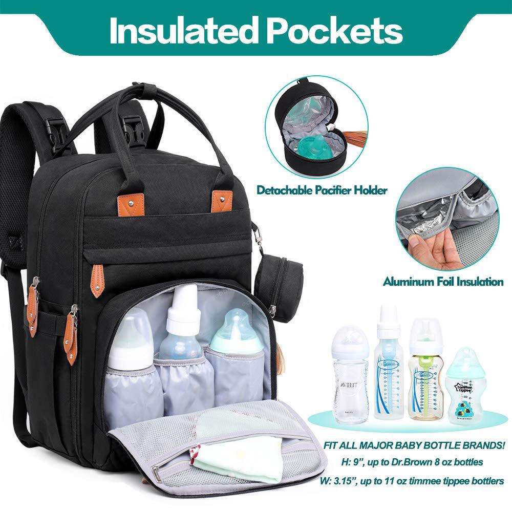 Insulated bottle pockets in black nappy bag keeping baby bottles upright and secure