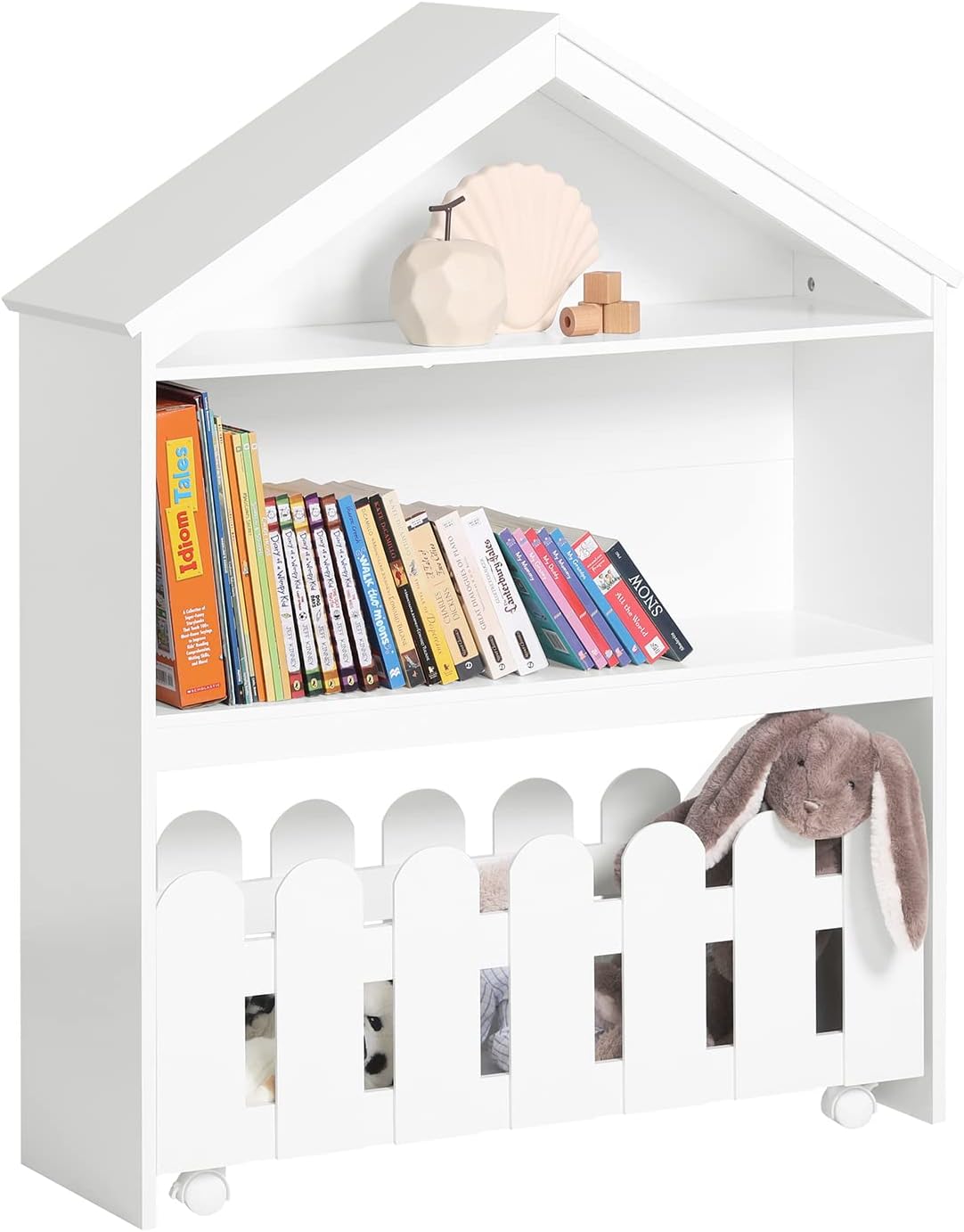Kid Bookshelf with Storage Chest on Wheels – House-Shaped Design