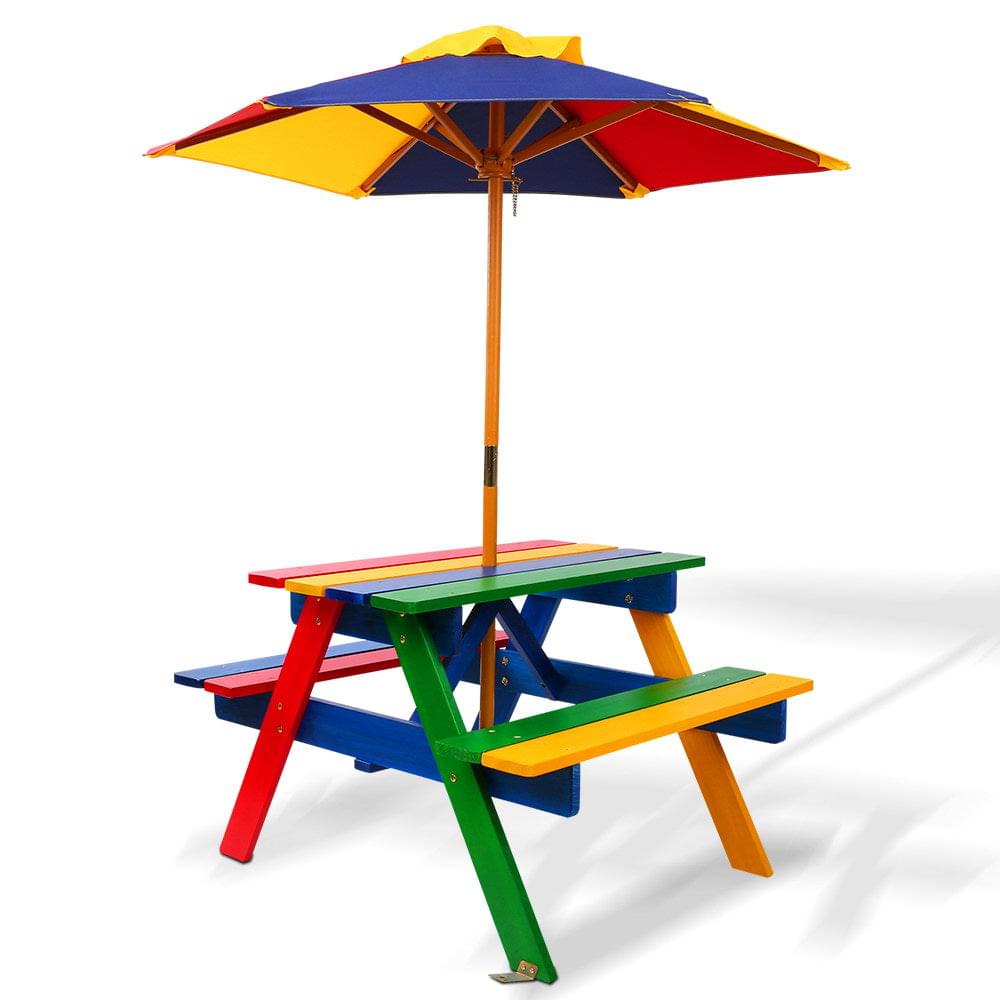 Kids Outdoor Picnic Table With Umbrella Wooden Rainbow