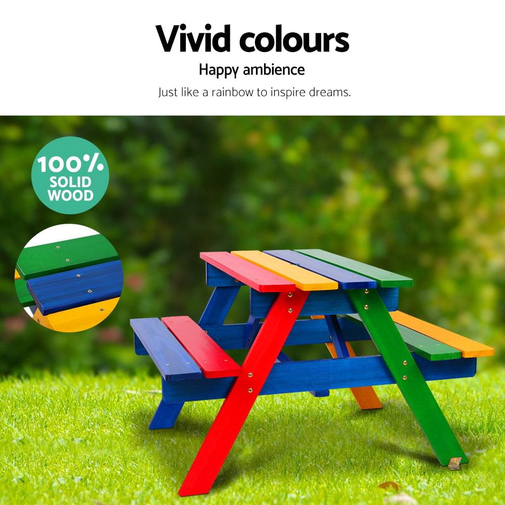 Kids Outdoor Picnic Table With Umbrella Wooden Rainbow colours