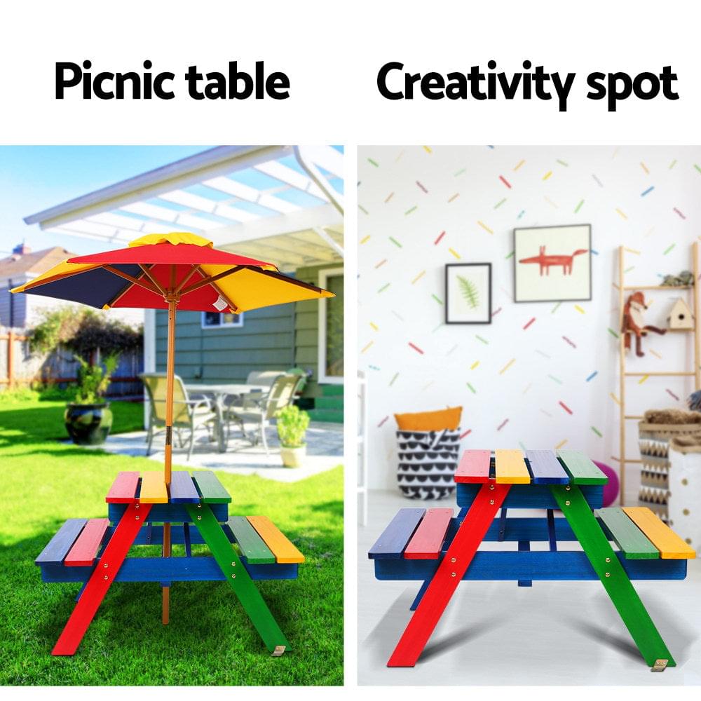 Kids Outdoor Picnic Table With Umbrella Wooden Rainbow creativity spot