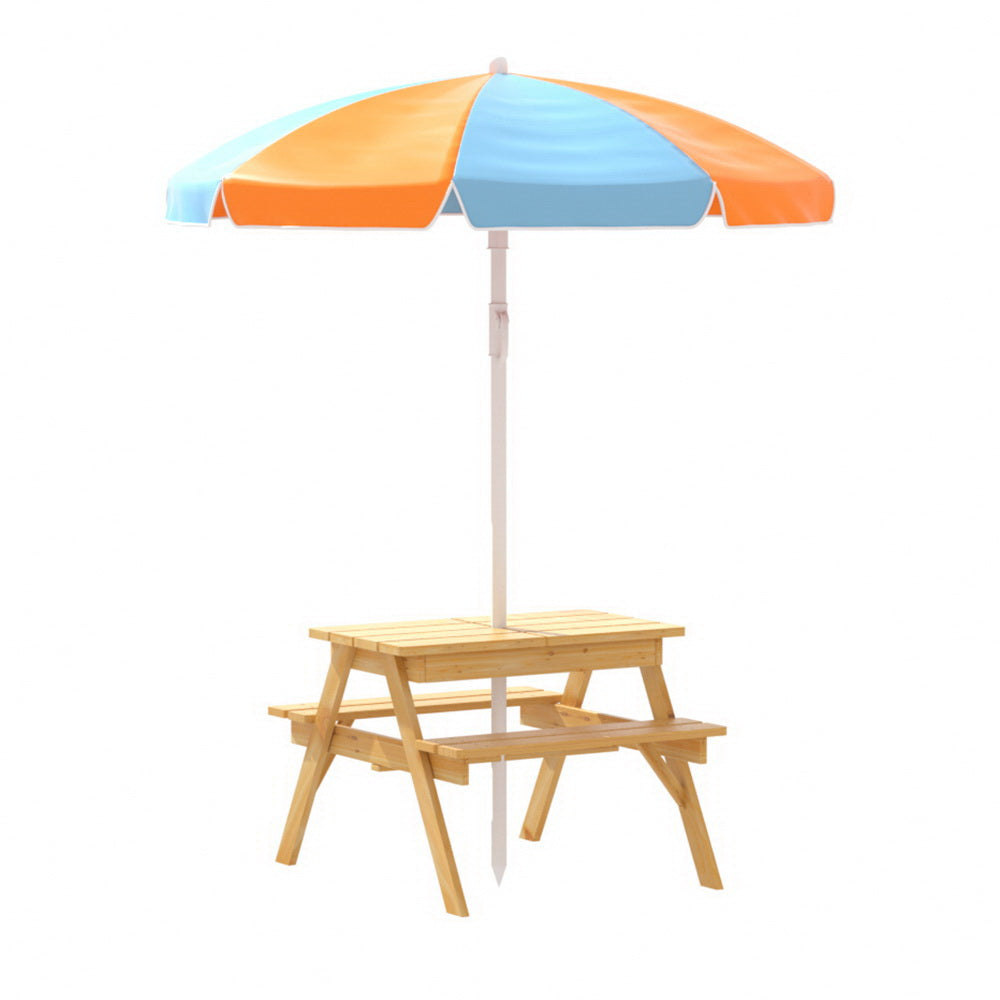 Kids Picnic Table With Umbrella With Built-In Water Sand Pit Boxes