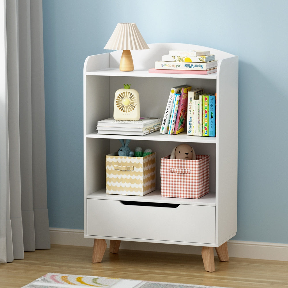 Multi-Bin Toy Storage – 3-Tier Bookshelf with Drawer for Kids