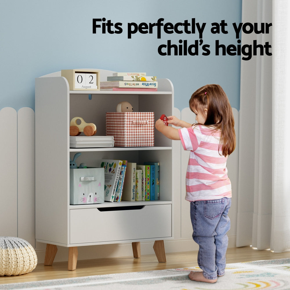 Multi-Bin Toy Storage – 3-Tier Bookshelf with Drawer for Kids fits child's height