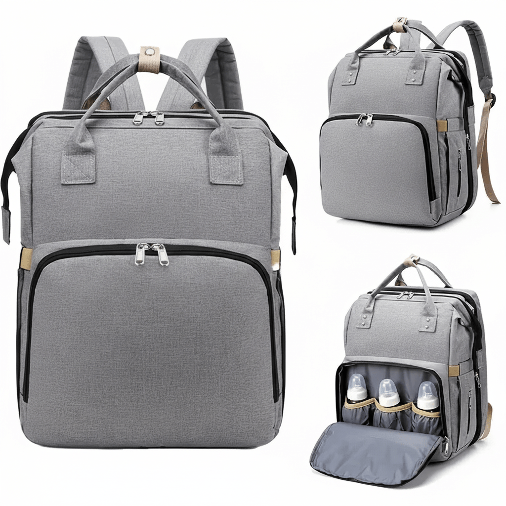 Nappy bag backpack set with bottles and extended portable bassinet