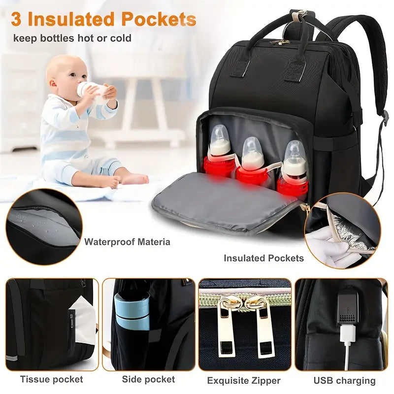 Nappy bag front compartment with three insulated baby bottle sleeves
